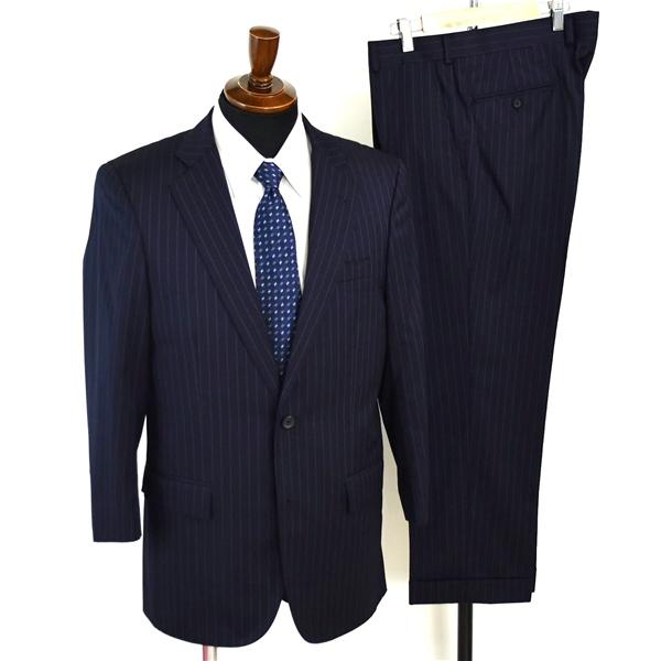 美品 ブルックスブラザーズ 伊製生地 2つボタン シングルスーツ S〜M AB3 ダークネイビー ストライプ ノータック 春夏物 4XK052 | BROOKS BROTHERS
