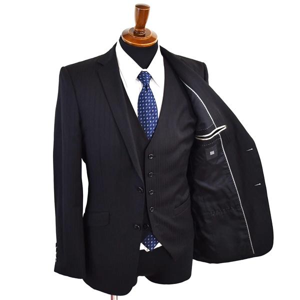 スーツセレクト 3ピース 2つボタン シングルスーツ M Y6 ブラック ストライプ ノータック BLTX1514 合物 春夏秋 5XG003 | SUIT SELECT | 01