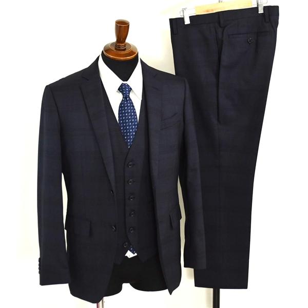 スーツカンパニー ３ピース 2つボタン シングルスーツ M A5 ダークネイビー グレー チェック ノータック AMT510 合物 春夏秋  5XJ061 | SUIT SQUARE