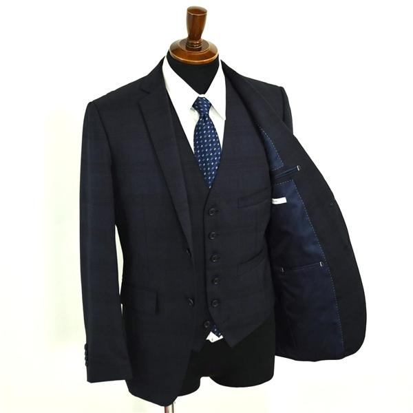 スーツカンパニー ３ピース 2つボタン シングルスーツ M A5 ダークネイビー グレー チェック ノータック AMT510 合物 春夏秋  5XJ061 | SUIT SQUARE | 01