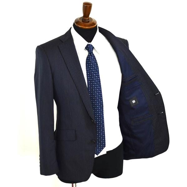 スーツセレクト 2つボタン シングルスーツ M A4 ダークネイビー ストライプ ノータック 袖口4つ釦 開き見せ BLK0051 夏物 春夏  5XJ071 | SUIT SELECT | 01