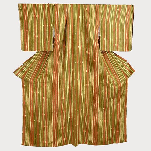 着物 正絹 女性 染 小紋 袷きもの 地柄入り生地 黄色 赤 緑 黄土色 縞 身丈162cm 絹100％ 普段着 お稽古 着付け 観劇 和装  5XK032 | ブランド登録なし