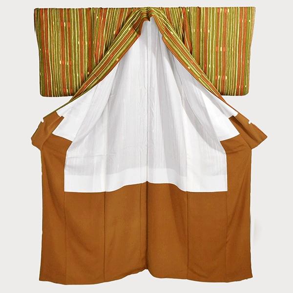 着物 正絹 女性 染 小紋 袷きもの 地柄入り生地 黄色 赤 緑 黄土色 縞 身丈162cm 絹100％ 普段着 お稽古 着付け 観劇 和装  5XK032 | ブランド登録なし | 01