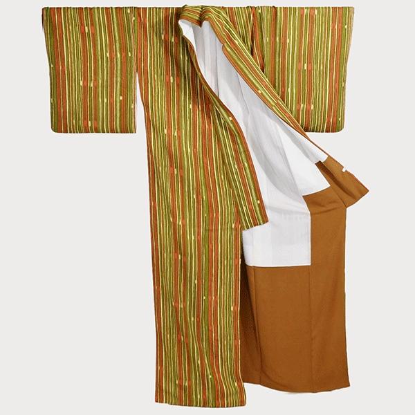 着物 正絹 女性 染 小紋 袷きもの 地柄入り生地 黄色 赤 緑 黄土色 縞 身丈162cm 絹100％ 普段着 お稽古 着付け 観劇 和装  5XK032 | ブランド登録なし | 02