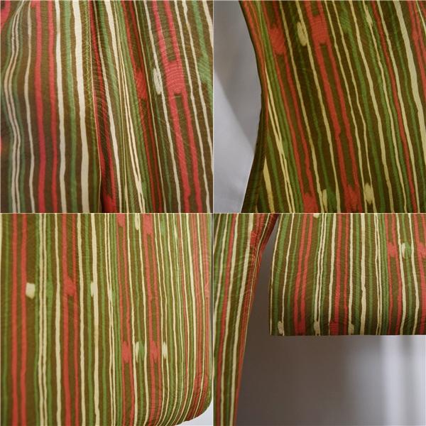 着物 正絹 女性 染 小紋 袷きもの 地柄入り生地 黄色 赤 緑 黄土色 縞 身丈162cm 絹100％ 普段着 お稽古 着付け 観劇 和装  5XK032 | ブランド登録なし | 03