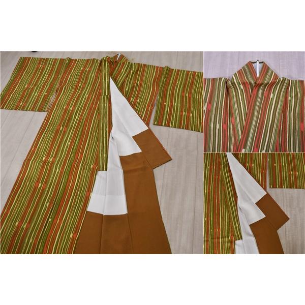 着物 正絹 女性 染 小紋 袷きもの 地柄入り生地 黄色 赤 緑 黄土色 縞 身丈162cm 絹100％ 普段着 お稽古 着付け 観劇 和装  5XK032 | ブランド登録なし | 05