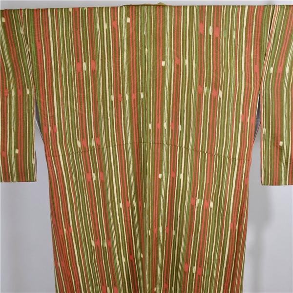 着物 正絹 女性 染 小紋 袷きもの 地柄入り生地 黄色 赤 緑 黄土色 縞 身丈162cm 絹100％ 普段着 お稽古 着付け 観劇 和装  5XK032 | ブランド登録なし | 07