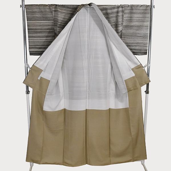 着物 正絹 女性 紬 小紋 袷きもの ダークグレー オフホワイト 横縞 身丈167cm 絹100％ 普段着 お稽古 着付け 観劇 和装  5XK040 | ブランド登録なし | 01