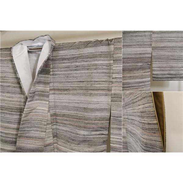 着物 正絹 女性 紬 小紋 袷きもの ダークグレー オフホワイト 横縞 身丈167cm 絹100％ 普段着 お稽古 着付け 観劇 和装  5XK040 | ブランド登録なし | 05