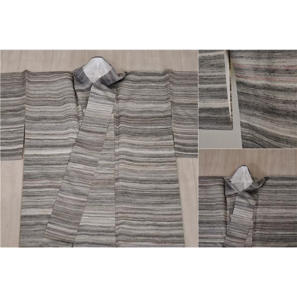 着物 正絹 女性 紬 小紋 袷きもの ダークグレー オフホワイト 横縞 身丈167cm 絹100％ 普段着 お稽古 着付け 観劇 和装  5XK040 | ブランド登録なし | 07