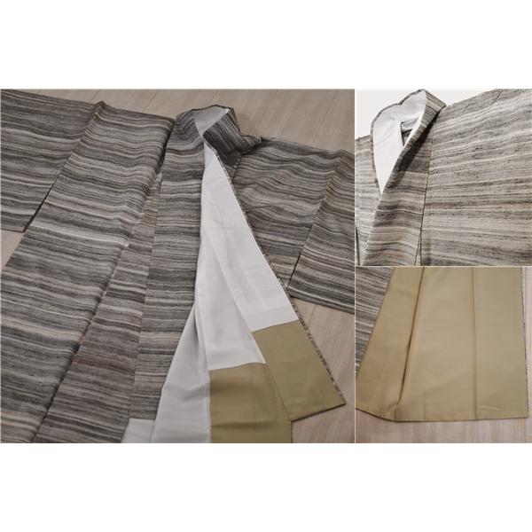 着物 正絹 女性 紬 小紋 袷きもの ダークグレー オフホワイト 横縞 身丈167cm 絹100％ 普段着 お稽古 着付け 観劇 和装  5XK040 | ブランド登録なし | 08