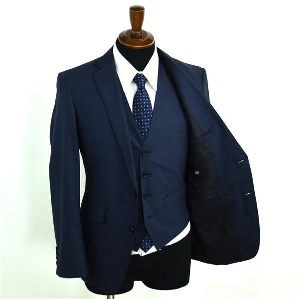 スーツセレクト ３ピース 2つボタン シングルスーツ S Y4 ダークネイビー ストライプ ノータック 開き見せ BLK1469 合物 春夏秋  5XK045 | アネージ | 01
