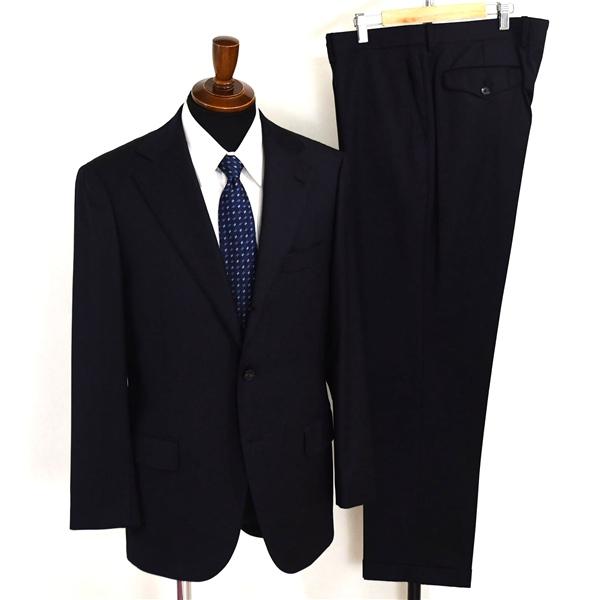 美品 ユニバーサルランゲージ 段返り 3つボタン シングルスーツ M AB6 ダークネイビー ストライプ ノータック 本切羽 TR16 春秋  5XK047 | UNIVERSAL LANGUAGE
