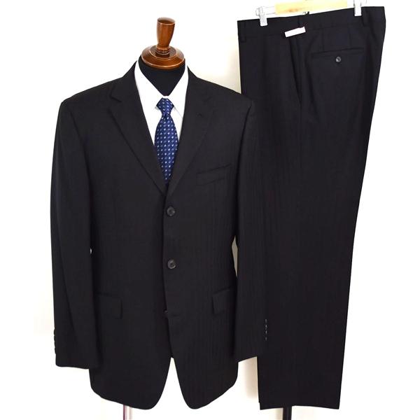 HUGO BOSS 3つボタン シングルスーツ XL A9 ブラック ストライプ ノータック 袖口4つ釦 開き見せ 33537/030 合物 春秋 5XL056 | HUGO BOSS