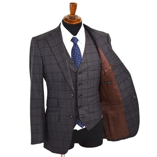 麻布テーラー 3ピース 2つボタン シングルスーツ S A4 ダークグレー ウインドペン ノータック 袖口4つ釦 本切羽 O113-EZ1A 春秋 5XL060 | 麻布テーラー | 01