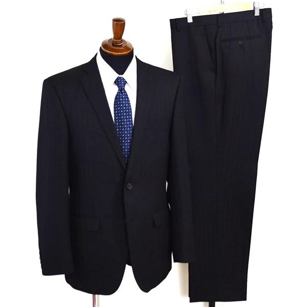 ジョンピアース 2つボタン シングルスーツ XL A8 ブラック ストライプ ノータック 袖口4つ釦 開き見せ I899801-1 合物 春秋 5XL092 | ブランド登録なし