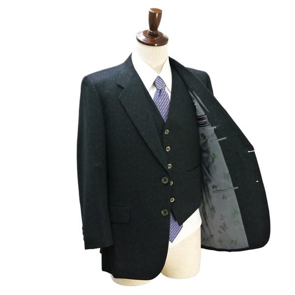 MARIO VALENTINO 3ピース 2つボタン シングルスーツ 袖口3つボタン AB3 S ダークグリーン ストライプ ノータック 秋冬 6NB027 | ブランド登録なし | 01