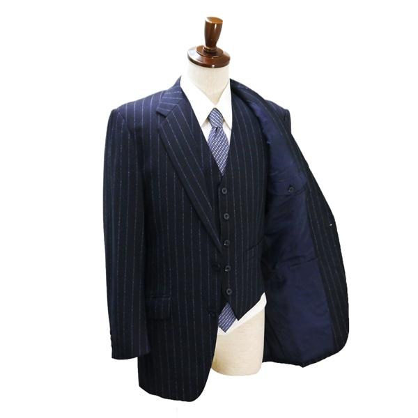 3ピース 2つボタン シングルスーツ 袖口3つボタン BB6 L ダークネイビー 濃紺色 ストライプ ノータック ゆったり 春秋冬 6NB121 | ブランド登録なし | 01