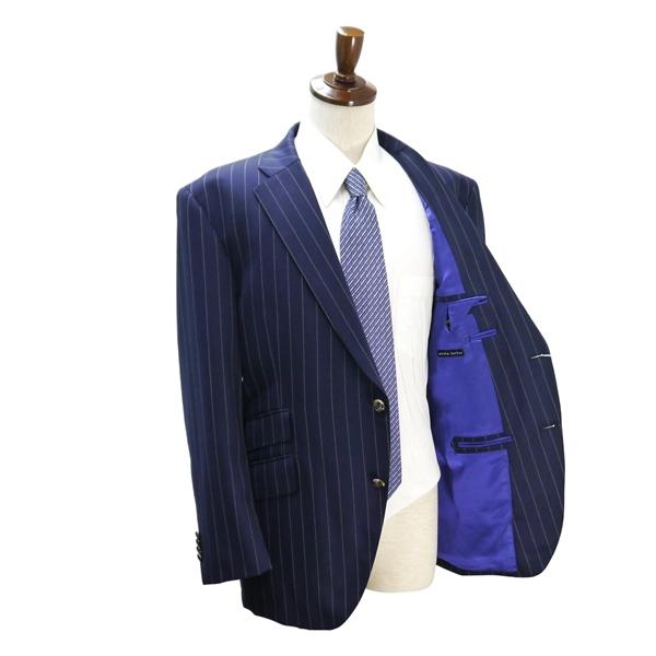 麻布テーラー HARRISONS of EDINBURGH 2つボタン シングルスーツ BE6 XL ダークネイビー ストライプ ワンタック 春秋冬 6ND063 | 麻布テーラー | 01