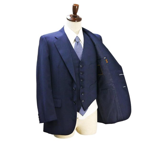 美品 HUNTSMAN 3ピース 2つボタン シングルスーツ AB4 M ダークネイビー ストライプ ノータック 春秋冬 HM32S009 B 6NF041 | ブランド登録なし | 01