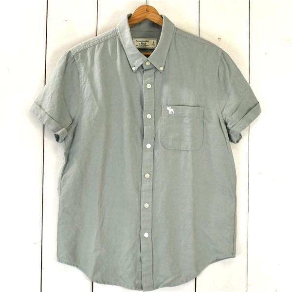 Abercrombie & Fitch アバクロ 麻リネン60％ コットン40％ 半袖 ボタンダウン シャツ S ライトカーキ ロゴ刺繍付 春夏対応 / 6TE052 | Abercrombie&Fitch