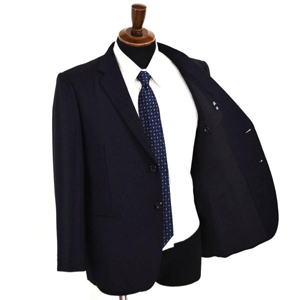 ノーブランド 2つボタン シングルスーツ S AB3 ダークネイビー ストライプ ノータック 袖口3つ釦 開き見せ 夏物 春夏 薄手 6XA022 | ブランド登録なし | 01