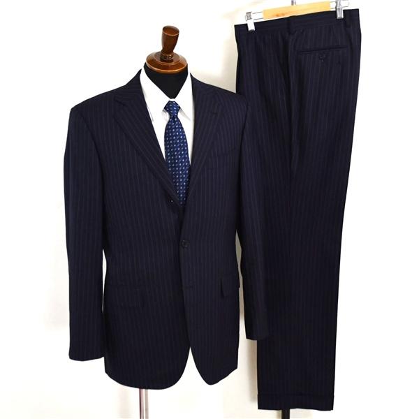 スーツセレクト Super100's生地 3つボタン シングルスーツ XL Y8 ダークネイビー ストライプ 袖口4つ釦 本切羽 SLY9006 合物 春秋 6XA054 | SUIT SELECT