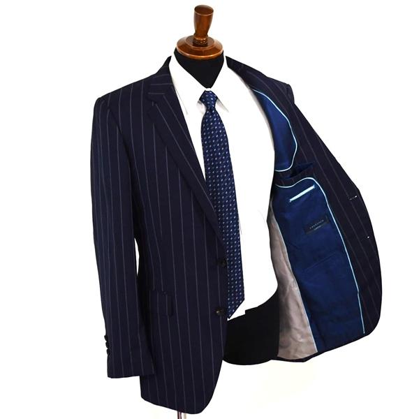 P.S.FA 伊製 100's生地 2つボタン シングルスーツ XL A8 ダークネイビー ストライプ ノータック 本切羽 NC220204-88D 春夏物 薄手 6XA056 | Perfect Suit FActory | 01
