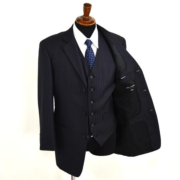 MEN'S TENORAS シルク混 3ピース 3つボタン シングルスーツ M A5 ダークネイビー ストライプ 開き見せ TE-6017 合物 春夏秋 6XA101 | TENORAS | 01