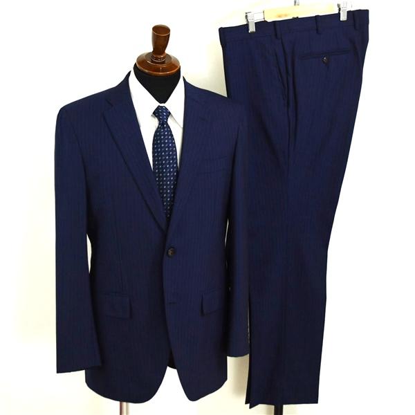 麻布テーラー 2つボタン シングルスーツ L A7 ダークネイビー ストライプ ノータック 開き見せ azabu tailor 夏物 春夏 薄手 6XA133 | 麻布テーラー