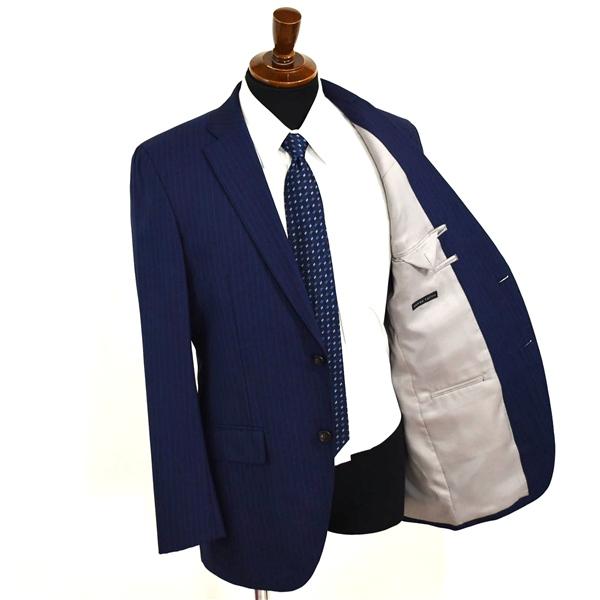 麻布テーラー 2つボタン シングルスーツ L A7 ダークネイビー ストライプ ノータック 開き見せ azabu tailor 夏物 春夏 薄手 6XA133 | 麻布テーラー | 01
