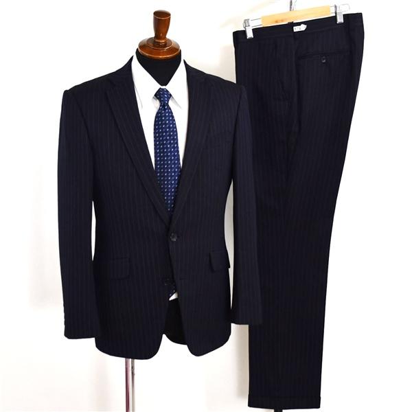 スーツセレクト 2つボタン シングルスーツ M A6 ダークネイビー ストライプ ノータック 袖口4つ釦 開き見せ BLL0003 夏物 春夏 6XC017 | SUIT SELECT