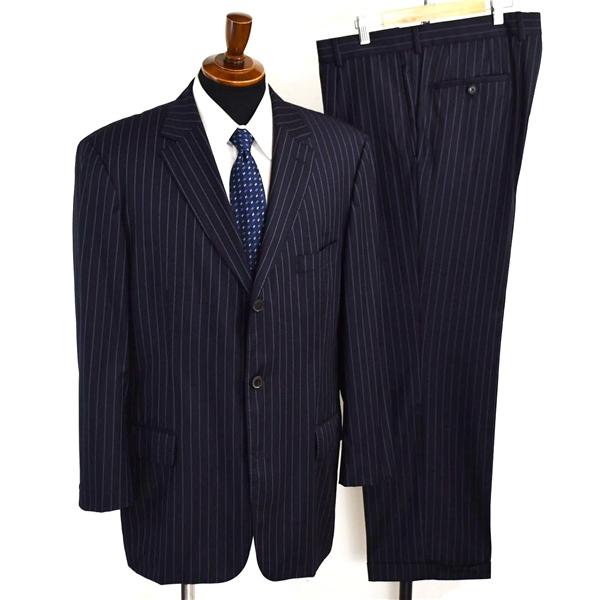 HUGO BOSS Super140's生地 3つボタン シングルスーツ XL AB9 ダークネイビー ストライプ ヒューゴボス 44823/120 夏物 春夏 6XE045 | HUGO BOSS