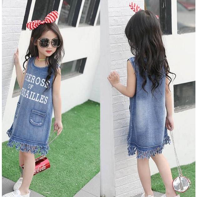 ワンピース チュニック ノースリーブ デニム 韓国系子供服 キッズ 女の子 春 夏 薄手 カットオフ フリンジ ロゴ おしゃれ かわいい X こども服 Days 通販 Yahoo ショッピング