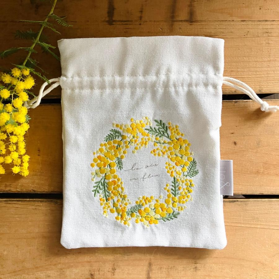 ミモザ バッグ 刺繍 巾着袋 小物入 きんちゃく ふくろ カバン 春