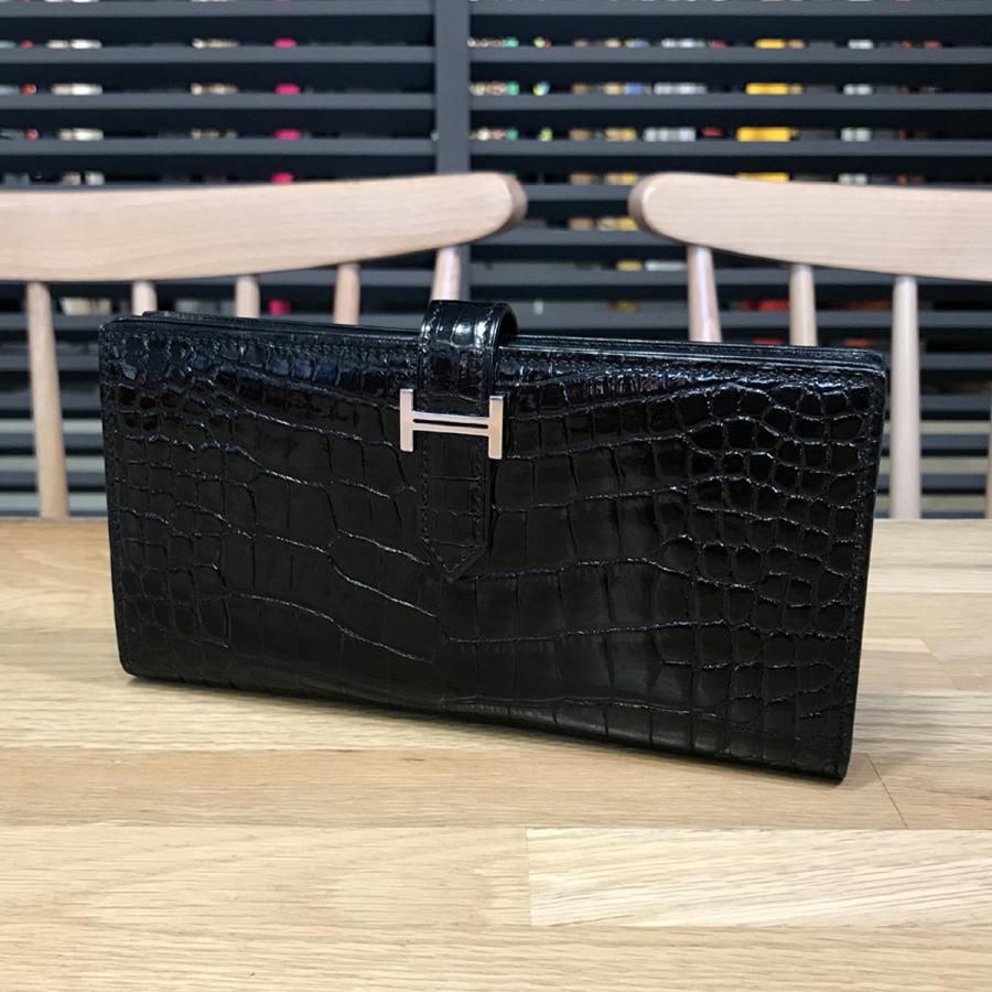 ファッション通販 超美品 エルメス クロコ クロコダイル レディース メンズ P刻印 シルバー 黒 ブラック 長財布 リセ アリゲーター ベアンスフレ 長財布 Demolition Training
