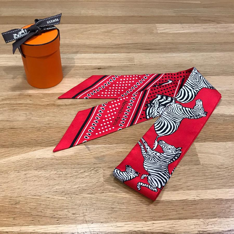 【美品】HERMES シルク製 赤と白 ストライプ スカーフ HERMES（エルメス） 【超美品】エルメス ツイリー ゼブラバンダナ