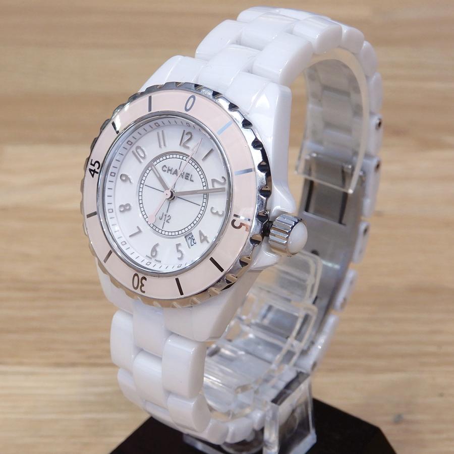 CHANEL 【超美品】シャネル J12 ホワイトセラミック 1200本限定 クオーツ ピンクベゼル H4467 14311 ...