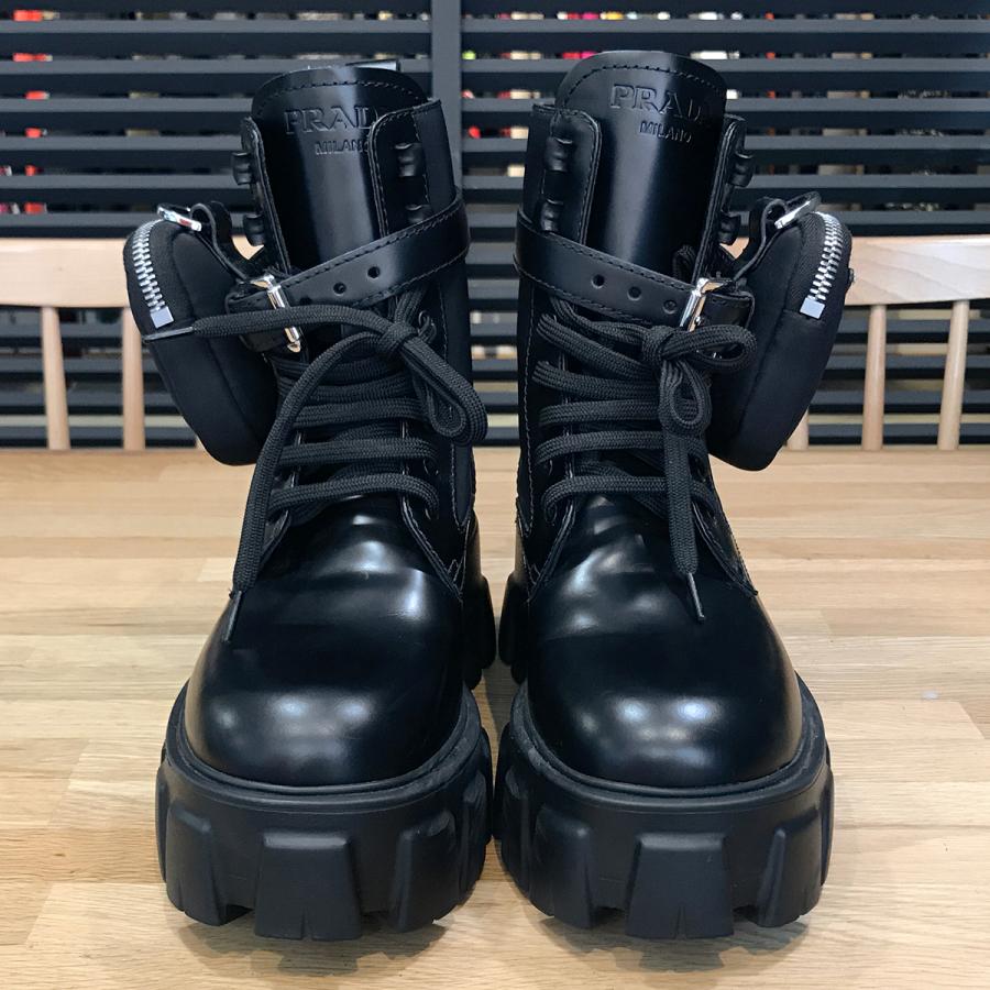 プラダ PRADA コンバットブーツ レザー レースアップ サイドジップ PRADA（プラダ） 【美品】プラダ モノリス コンバットブーツ レザー