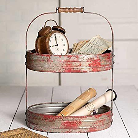 Weathered Red/Grey Two Tier Serving Caddy/Tray-Industrial Farmhouse Chic　好評販売中