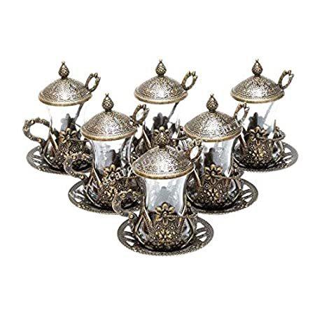 上等な Tea Turkish 6) Of (Set Sale Havluland Glasses (Antiq)　好評販売中 Set Holders Saucers ティーカップ、ソーサー