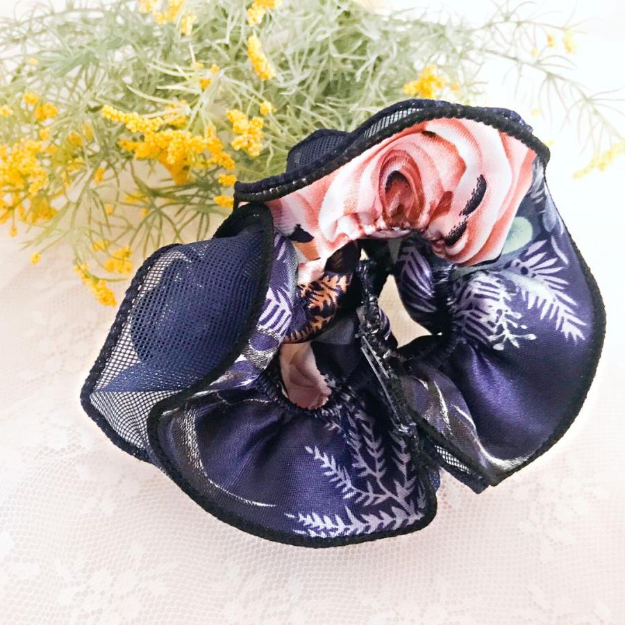 オーガンジー花柄シュシュ サテン ボリューム 薔薇 ローズ フラワー