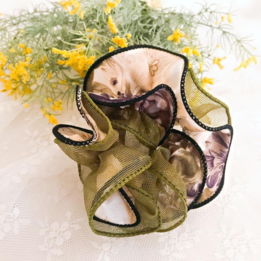 オーガンジー花柄シュシュ サテン ボリューム 薔薇 ローズ フラワー