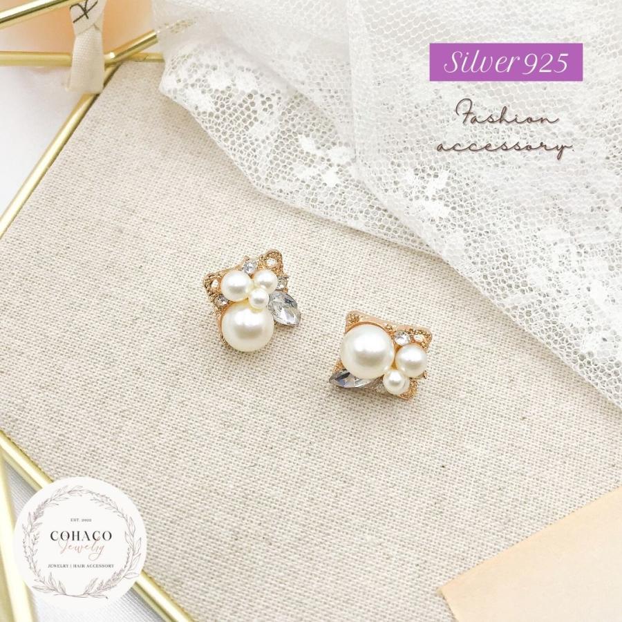 スクエアパールピアス 小ぶり ビジュー 上品 四角 アクセサリー 
