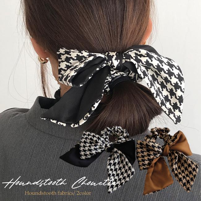 韓国ファッション 千鳥柄 リボン シュシュ ヘアアクセサリー SU-8