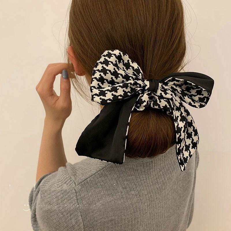 千鳥柄 リボン シュシュ ヘアアクセサリー ヘアゴム モノクロ ブラック