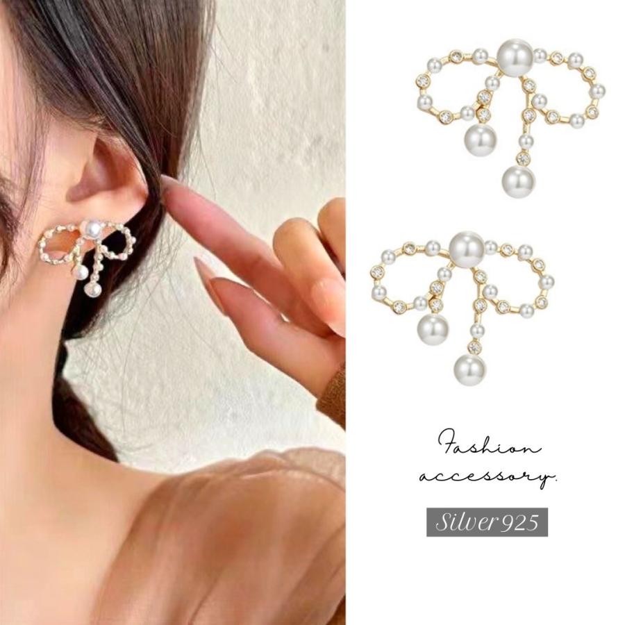 ピアス リボン ロング シルバー 揺れる キラキラブライダル 韓国20set 925 Silver]ロングテール ライン リボン ピアス 韓国