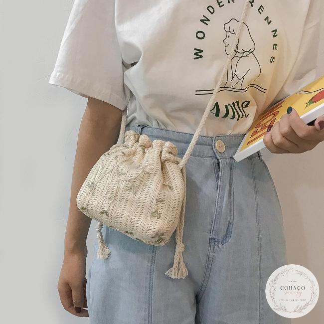 巾着バッグ レディース ショルダー ミニバッグ 花柄 ストローバッグ