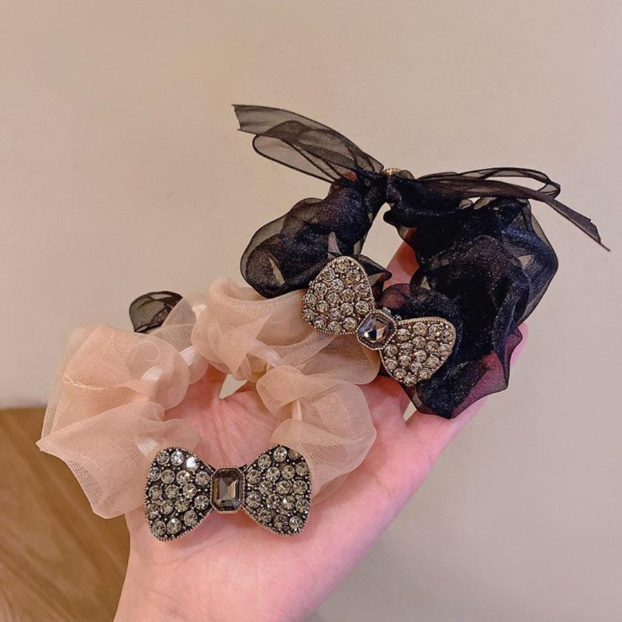 リボンシュシュ ラインストーン オーガンジー サテン ヘアアクセサリー