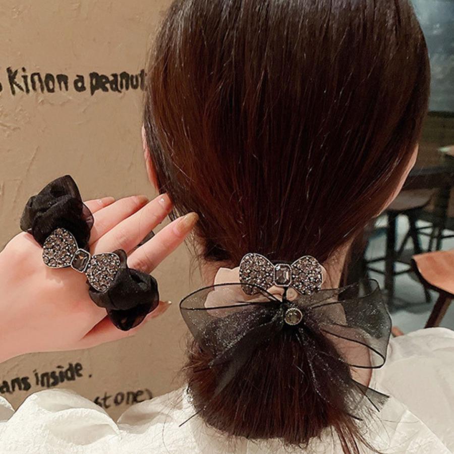 リボンシュシュ ラインストーン オーガンジー サテン ヘアアクセサリー